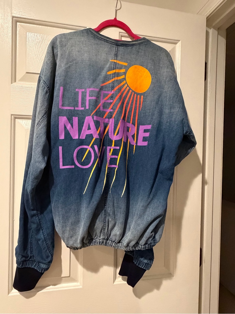FREECITY Life Nature Love Denim Bomber Jacket Size L